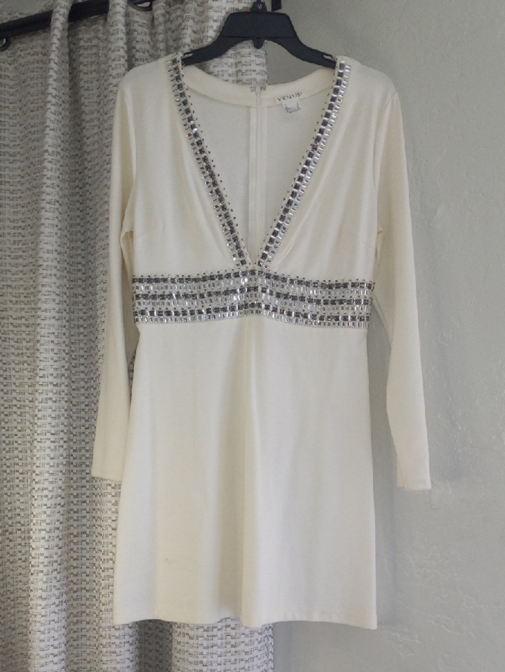 VENUS Cream Long-Sleeve V-Neck Dress with Silver Embellishment